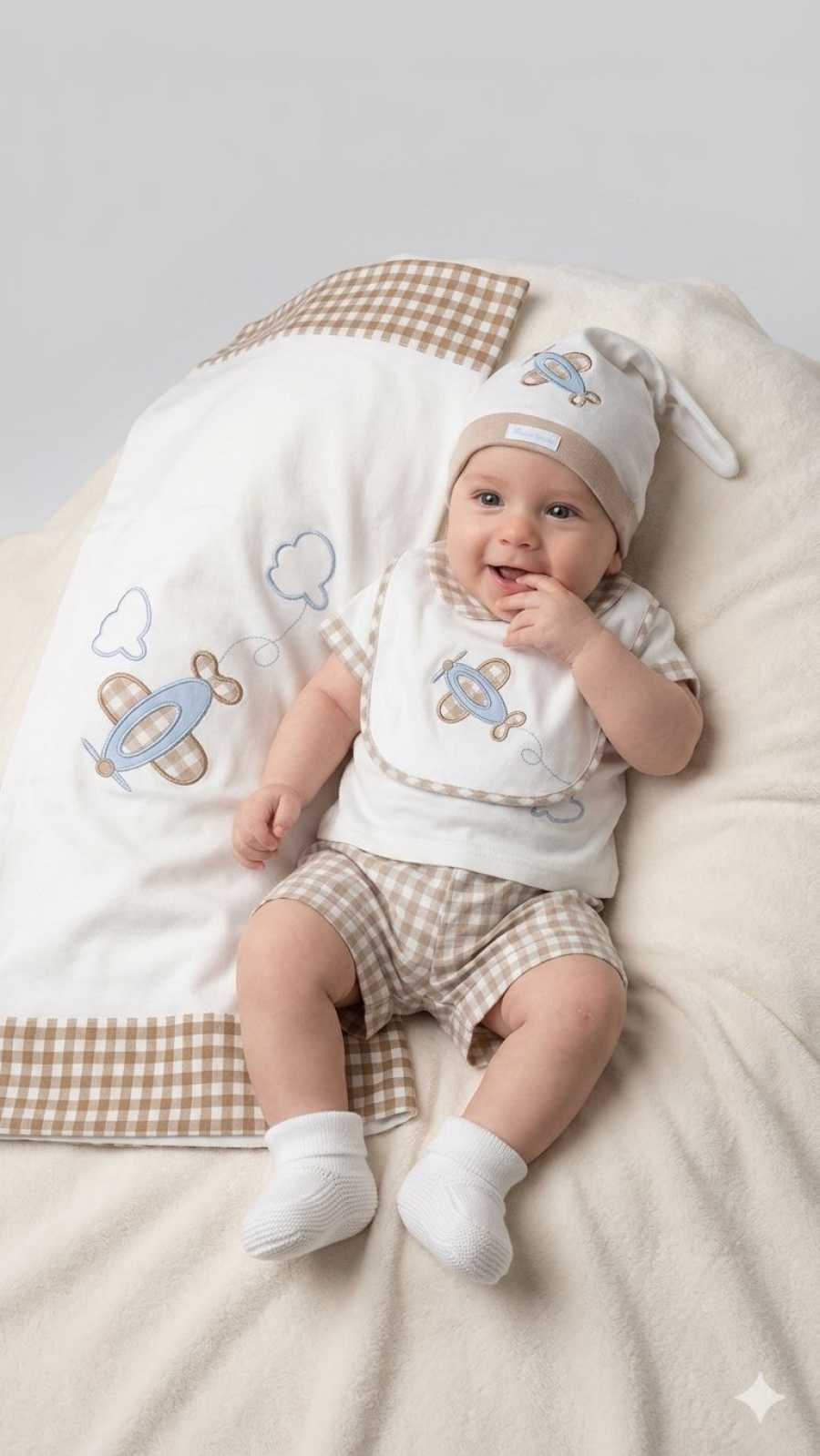 Set neonato in cotone ,maglietta, pantaloncino, copertina, babbucce, cappellino e bavaglino