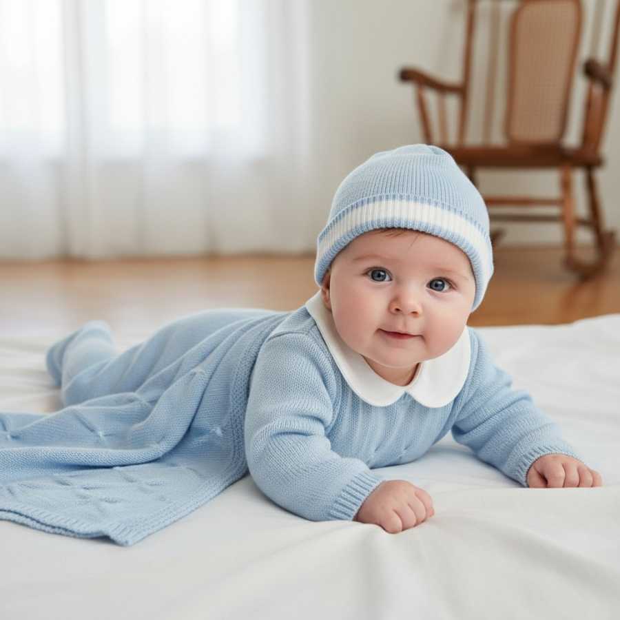 Set nascita lana tre pezzi Tutina Cappellino Copertina