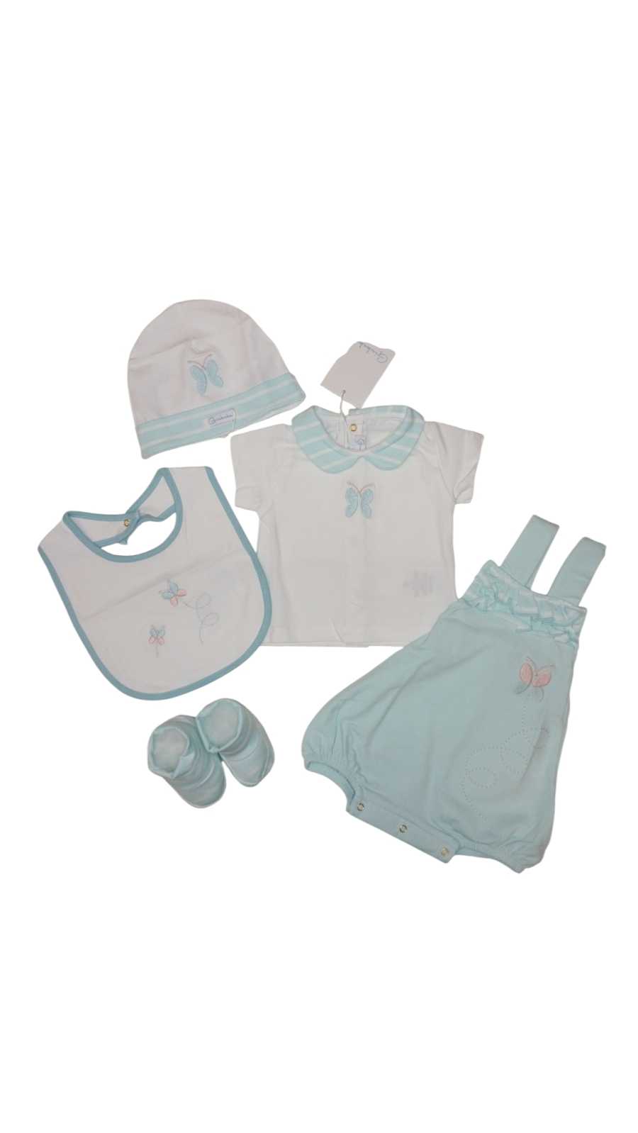 Set Nascita Neonato in Cotone T-shirt, Pagliaccetto, cappellino, scarpette e Bavaglino