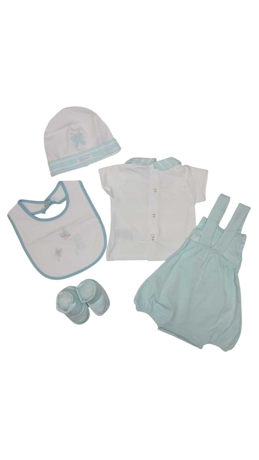 Set Nascita Neonato in Cotone T-shirt, Pagliaccetto, cappellino, scarpette e Bavaglino