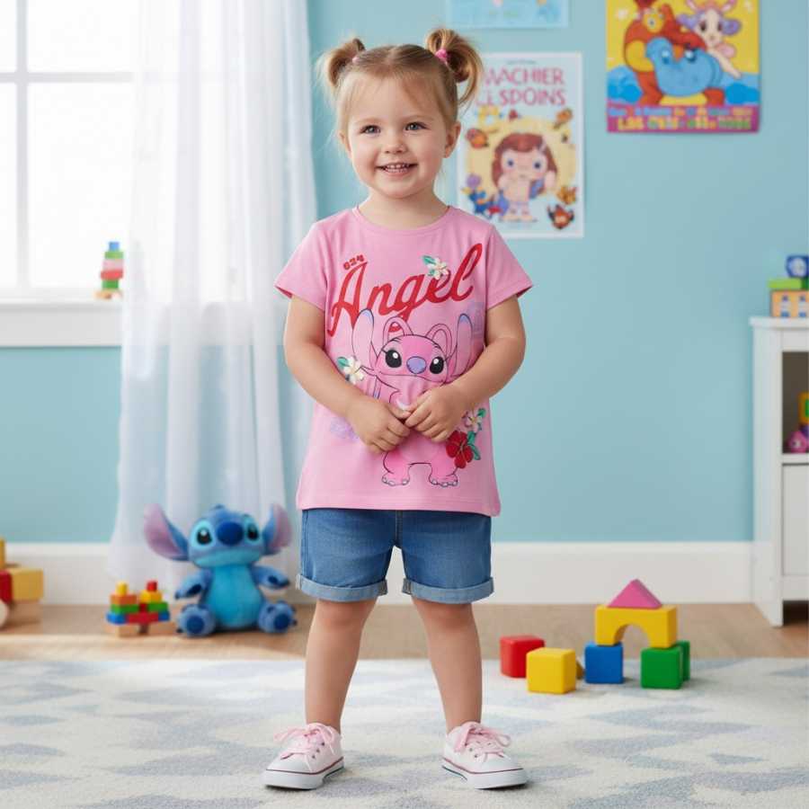 T-Shirt Bambina in Jersey di Cotone Tema Stich